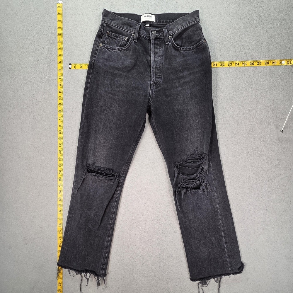 AGOLDE Lana Jeans Womens Black High Rise‎ Straight Distressed Raw Hem USA 25x26